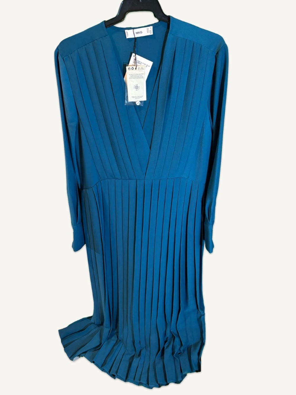 Mango Pleated Midi Dress | Teal Blue V-Neck Long Sleeve | NWT Size 2